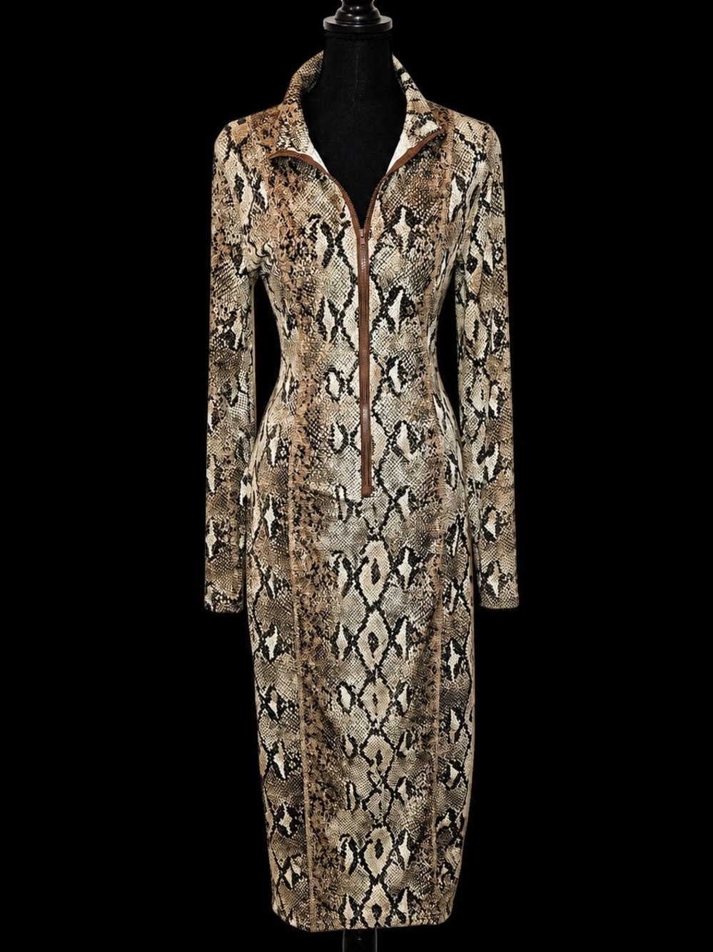 Snake Print Zip-Front Midi Dress in Neutral Tones